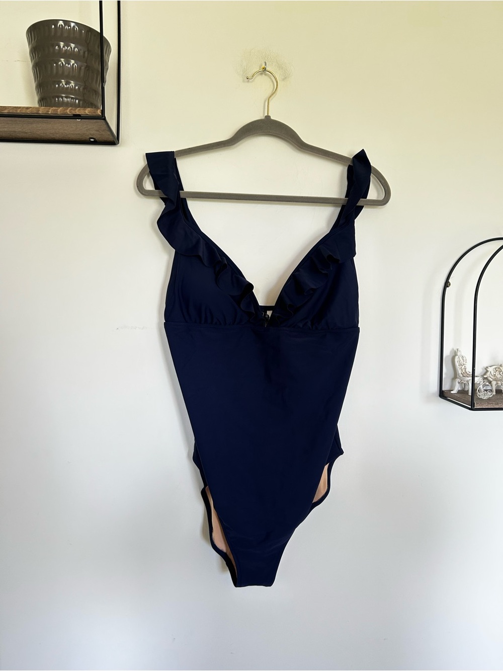 NWOT J.Crew Factory Navy Blue Ruffle Shoulder V Neck One Piece Swimsuit Large